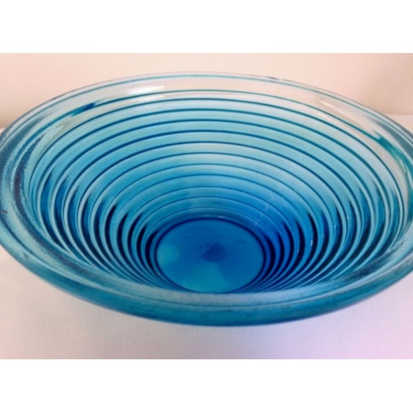 Aqua Blue Ribbed Glass Bowl