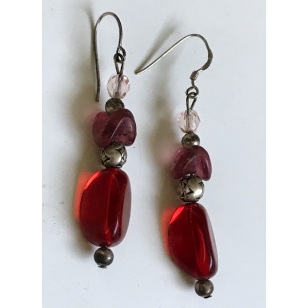 Silver Earrings - Red Beat